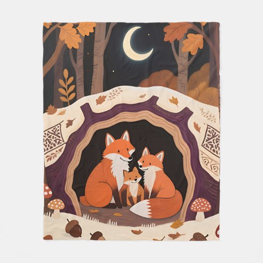 Fuchs-Familie Herbstwaldhöhle Fleecedecke (Vorderseite)