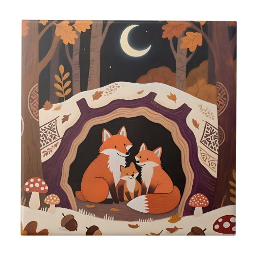 Fuchs-Familie Herbstwaldhöhle Fliese (Vorderseite)