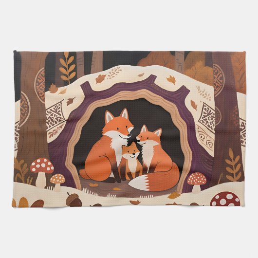 Fuchs-Familie Herbstwaldhöhle Geschirrtuch (Horizontal)