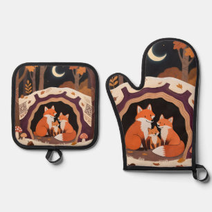 Fuchs-Familie Herbstwaldhöhle Ofenhandschuh & Topflappen-Set