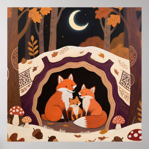Fuchs-Familie Herbstwaldhöhle Poster