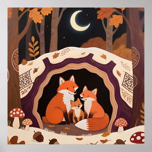 Fuchs-Familie Herbstwaldhöhle Poster (Vorne)
