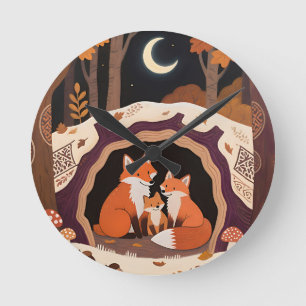 Fuchs-Familie Herbstwaldhöhle Runde Wanduhr
