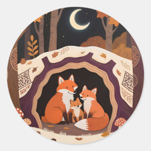 Fuchs-Familie Herbstwaldhöhle Runder Aufkleber