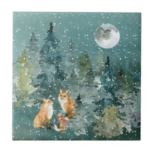 Fuchs Familie im Wald Vollmond Schneefall Fliese