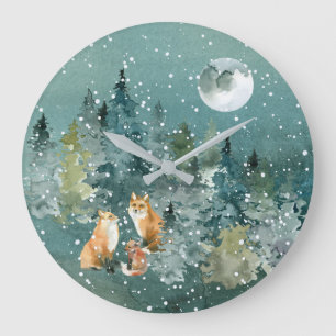Fuchs Familie im Wald Vollmond Schneefall Große Wanduhr