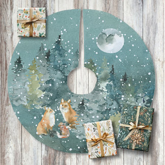 Fuchs Familie im Wald Vollmond Schneefall Polyester Weihnachtsbaumdecke