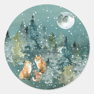 Fuchs Familie im Wald Vollmond Schneefall Runder Aufkleber