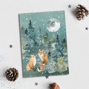 Fuchs-Familienwald Vollmond-Schneefall Aquarell Feiertagskarte