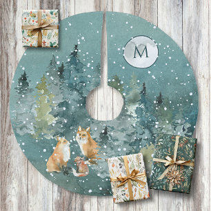 Fuchs-Familienwald-Vollmond-Schneefall-Monogramm Polyester Weihnachtsbaumdecke