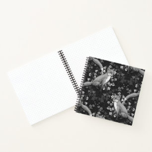 Fuchs, Glockenblumen und Efeu, monochrom, silberne Notizblock