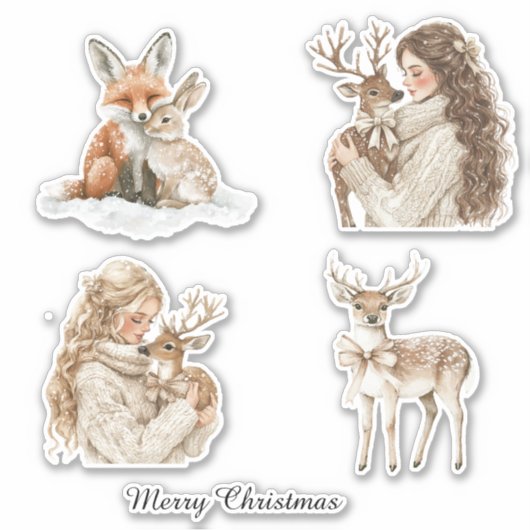 Fuchs Hase Reh Mädchen Weihnachten Aufkleber (Vorderseite)