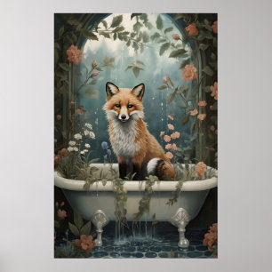 Fuchs im Badewanne-Blumenprint, Vintage-Badezimmer Poster