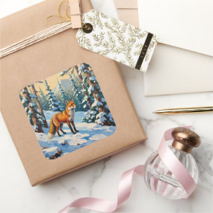 Fuchs im schneebedeckten Wald - Weihnachtsgemälde  Quadratischer Aufkleber