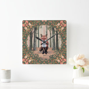 Fuchs im Wald im Vintage-Stil Naturinspirierte Kun Quadratische Wanduhr