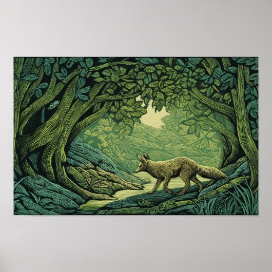Fuchs in einem Wald mit Holzschnitttexturen Poster (Vorne)