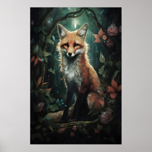 Fuchs in Magischem Blumenwald-Druck, Dark Academia Poster