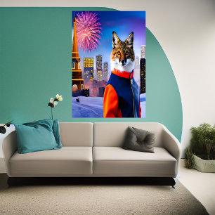 Fuchs in Uniform und Feuerwerk AI Art Poster