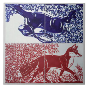 Fuchs, Kaninchen Floral Navy Blau Rot Zeichnung Ke Fliese