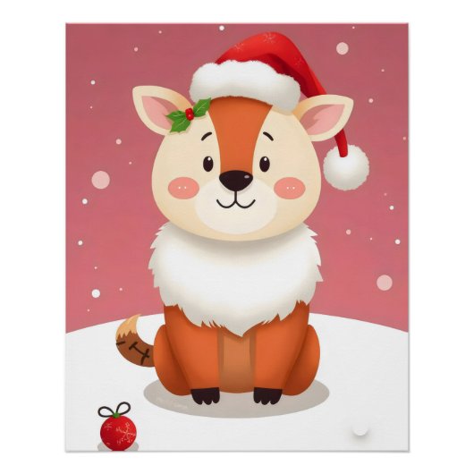 Fuchs mit einer Weihnachtsmannmütze und im Schnee Poster (Vorderseite)