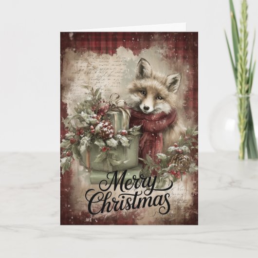 Fuchs mit Geschenken & rustikale Feiertage Karte (Vorderseite)