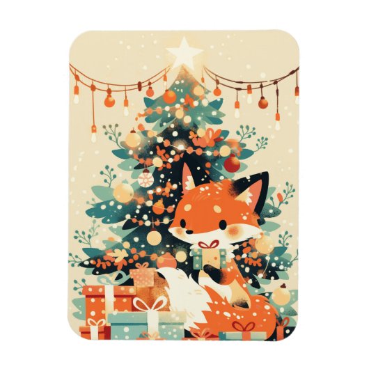 Fuchs mit Weihnachtsbaum und Geschenken Magnet (Vertikal)