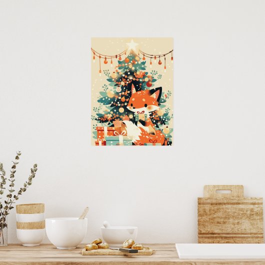 Fuchs mit Weihnachtsbaum und Geschenken Poster (Küche)