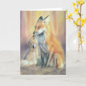 Fuchs-Mutter-und-Jungtier-Grußkarte. Füchse Karte (Gelbe Blume)