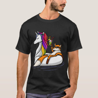 Fuchs Reitet Auf Einem Einhorn Schwimmreifen T-Shirt
