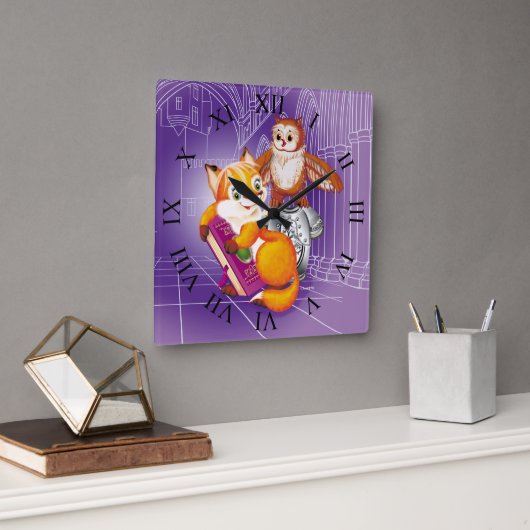 Fuchs und Eule Quadratische Wanduhr (Büro)