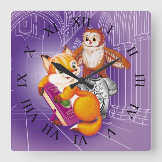 Fuchs und Eule Quadratische Wanduhr (Vorderseite)