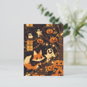 Fuchs und freundliche Geister in der Halloween-Nac Feiertagspostkarte