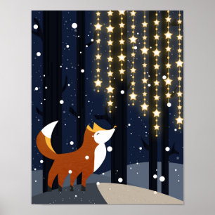 Fuchs und Lichterketten im schneebedeckten Wald Poster
