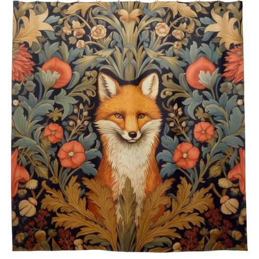 Fuchs und rote Blume im Jugendstil Duschvorhang (Vorderseite)