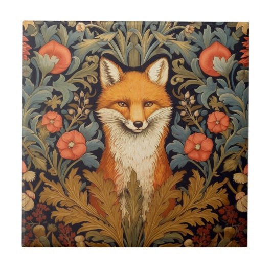 Fuchs und rote Blume im Jugendstil Fliese (Vorderseite)