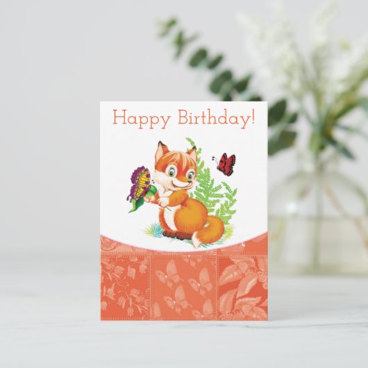 Fuchs und Schmetterling Postkarte (Stehend Vorderseite)