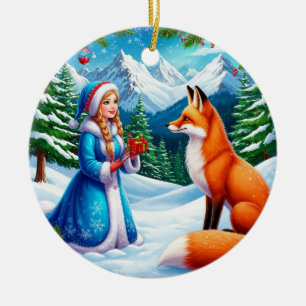 Fuchs und Schneemädchen in einer winterlichen Wald Keramik Ornament