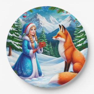 Fuchs und Schneemädchen in einer winterlichen Wald Pappteller