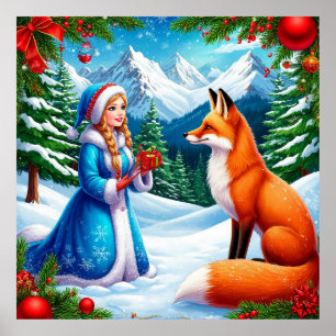 Fuchs und Schneemädchen Winter Wanddekoration Poster