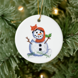 Fuchs und Schneemann Frohe Feiertage! Keramik Ornament
