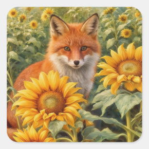 Fuchs und Sonnenblumen hübsch verzaubernd Quadratischer Aufkleber