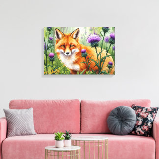 Fuchs unter lila Distelblüten Aquarell Leinwanddruck