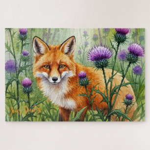 Fuchs unter lila Distelblüten Aquarell Puzzle