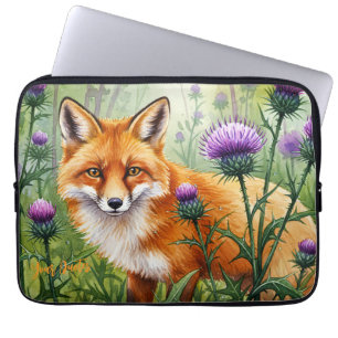 Fuchs unter violetten Distelblumen Aquarell Laptopschutzhülle