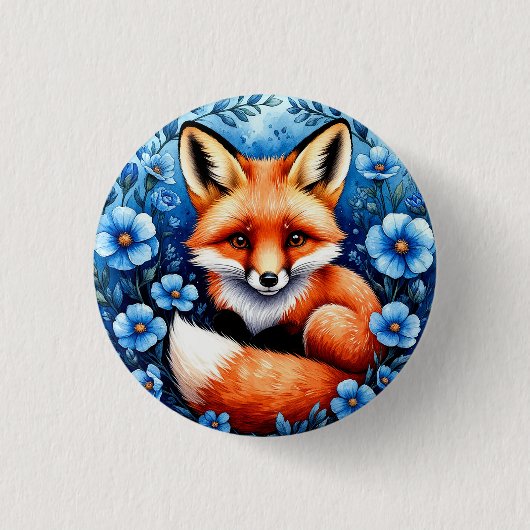 Fuchs von blauen Blumen umgeben Button (Vorderseite)