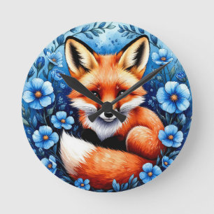 Fuchs von blauen Blumen umgeben Runde Wanduhr