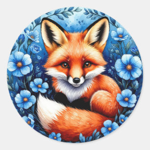 Fuchs von blauen Blumen umgeben Runder Aufkleber