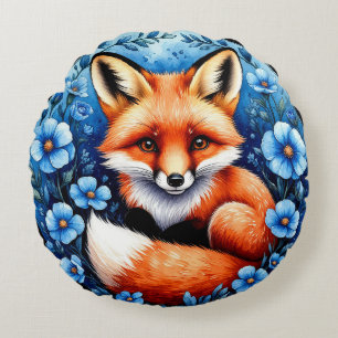 Fuchs von blauen Blumen umgeben Rundes Kissen