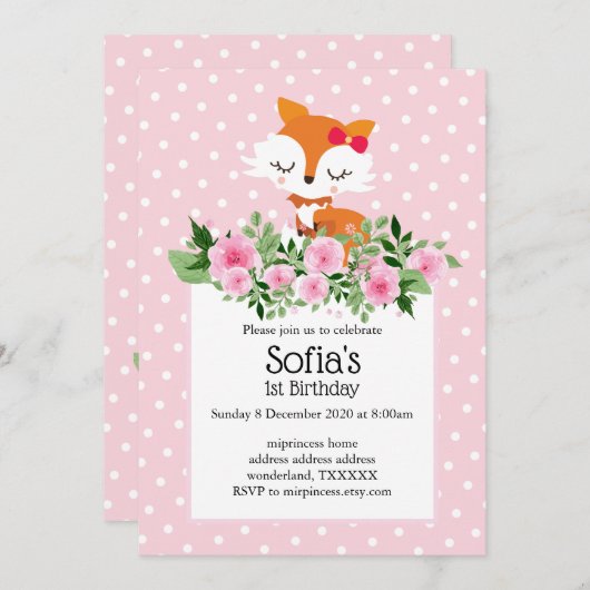 Fuchs, Wald, niedlich, mädchenhaft, lustig, trendi Einladung (Vorne/Hinten)