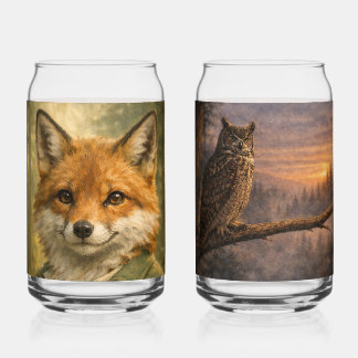 Fuchs-Wald-Ranger + Eule bei Dämmerung Glas-Set Dosenglas